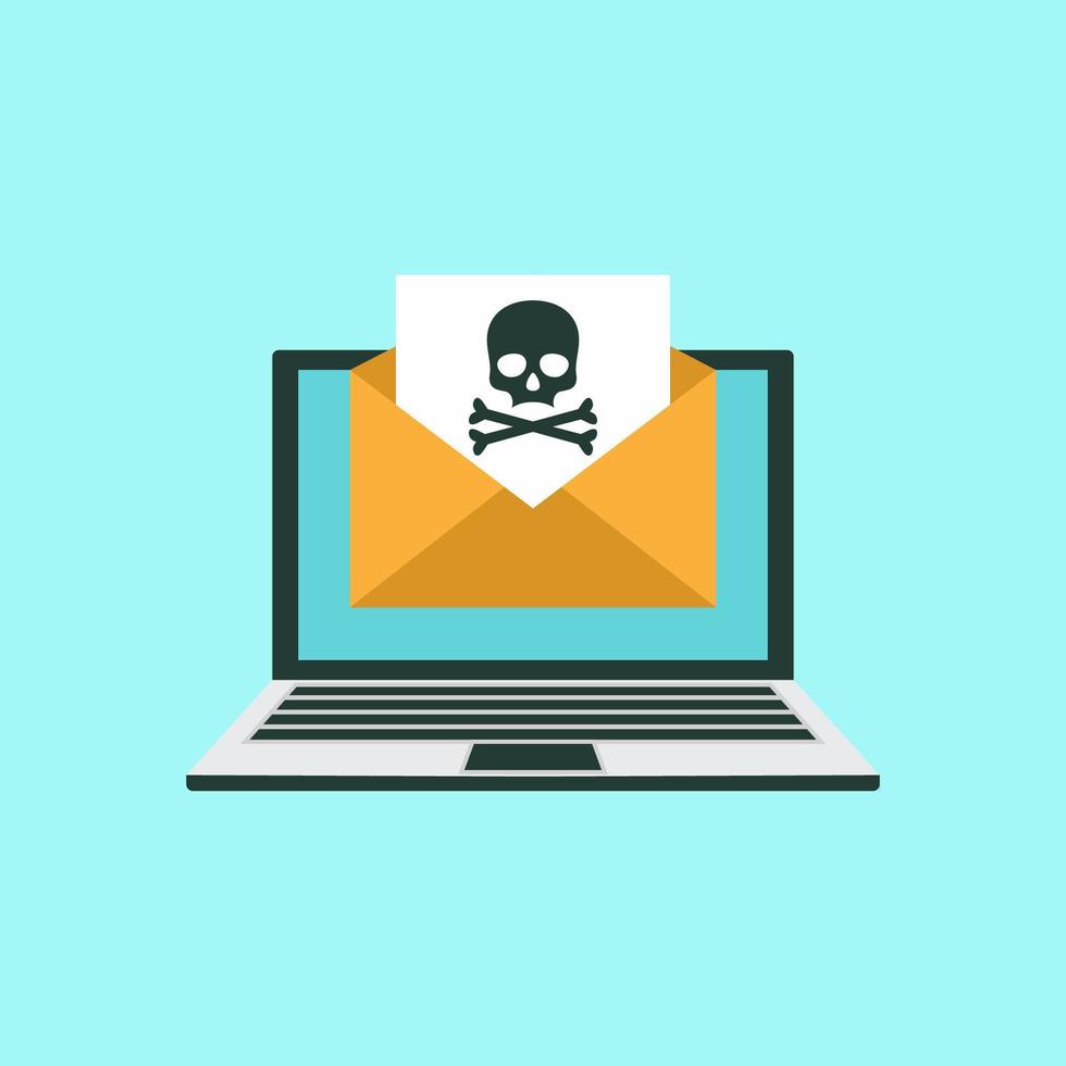 Envelope with skullon the laptop screen. Concept of virus, piracy, hacking and security. White skull with crossbones on black sheet. vector