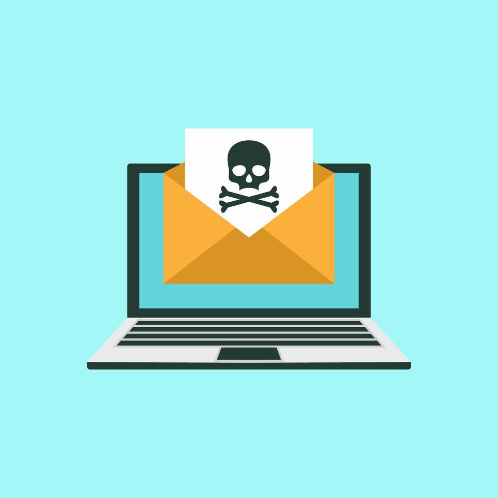 Envelope with skullon the laptop screen. Concept of virus, piracy, hacking and security. White skull with crossbones on black sheet. vector