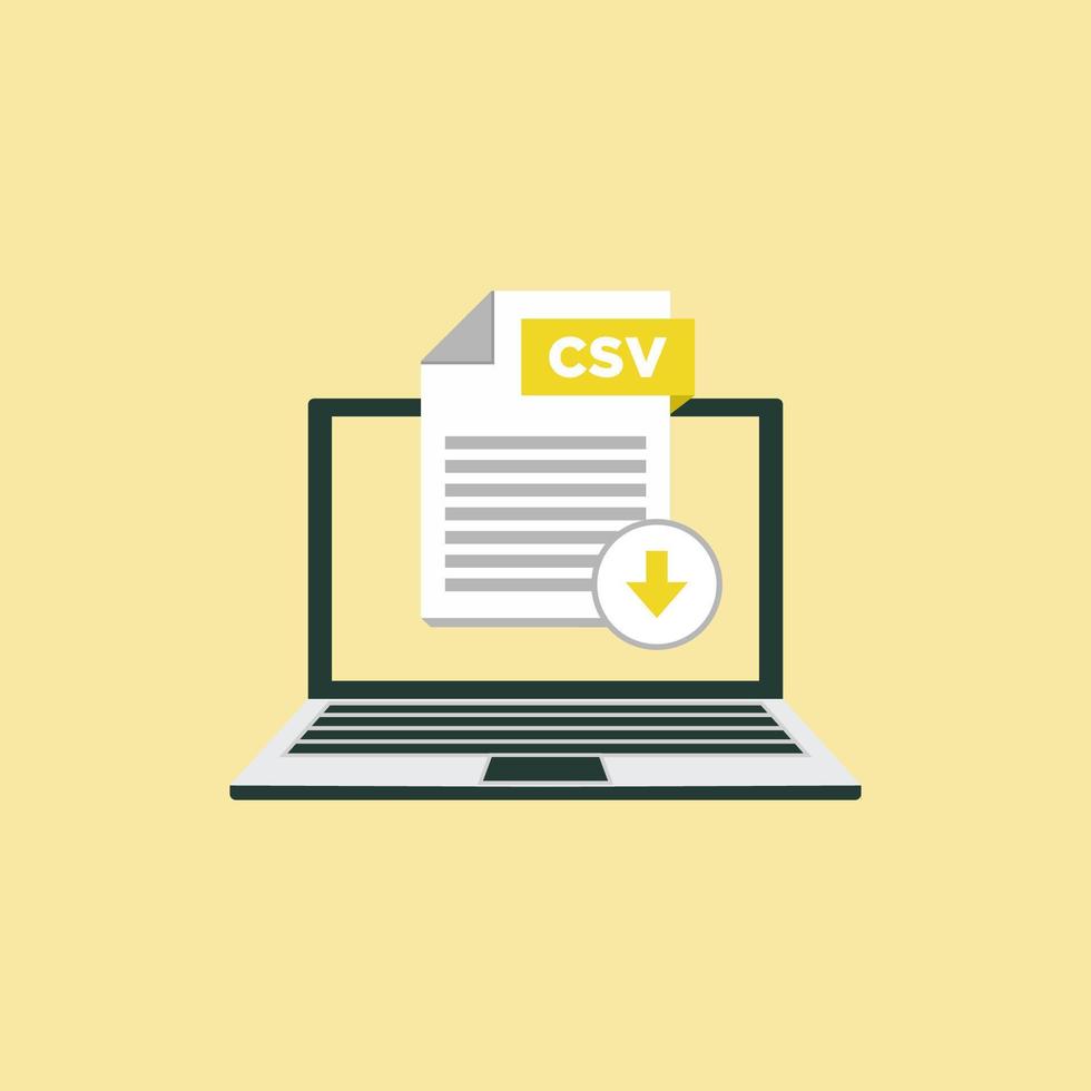 Download CSV button on laptop screen. Downloading document concept. File with CSV label and down arrow sign. Vector illustration.