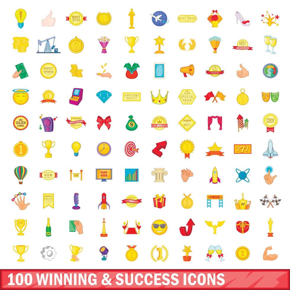 100 winning and success icons set, cartoon style vector