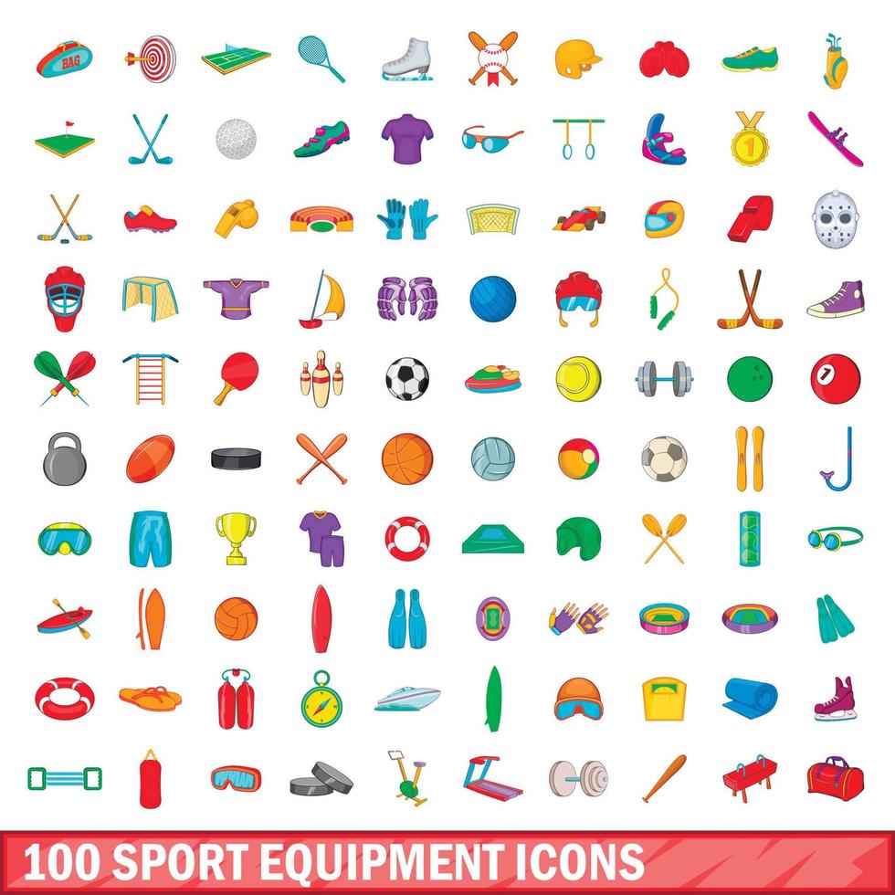 100 sport equipment icons set, cartoon style vector