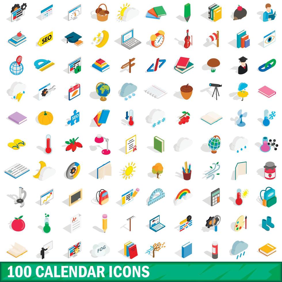 100 calendar icons set, isometric 3d style vector