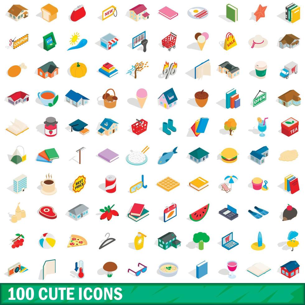 100 cute icons set, isometric 3d style vector