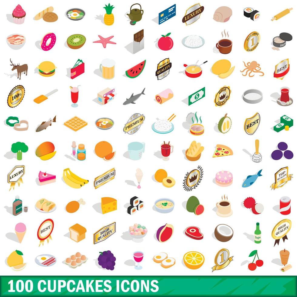 100 cupcakes icons set, isometric 3d style vector