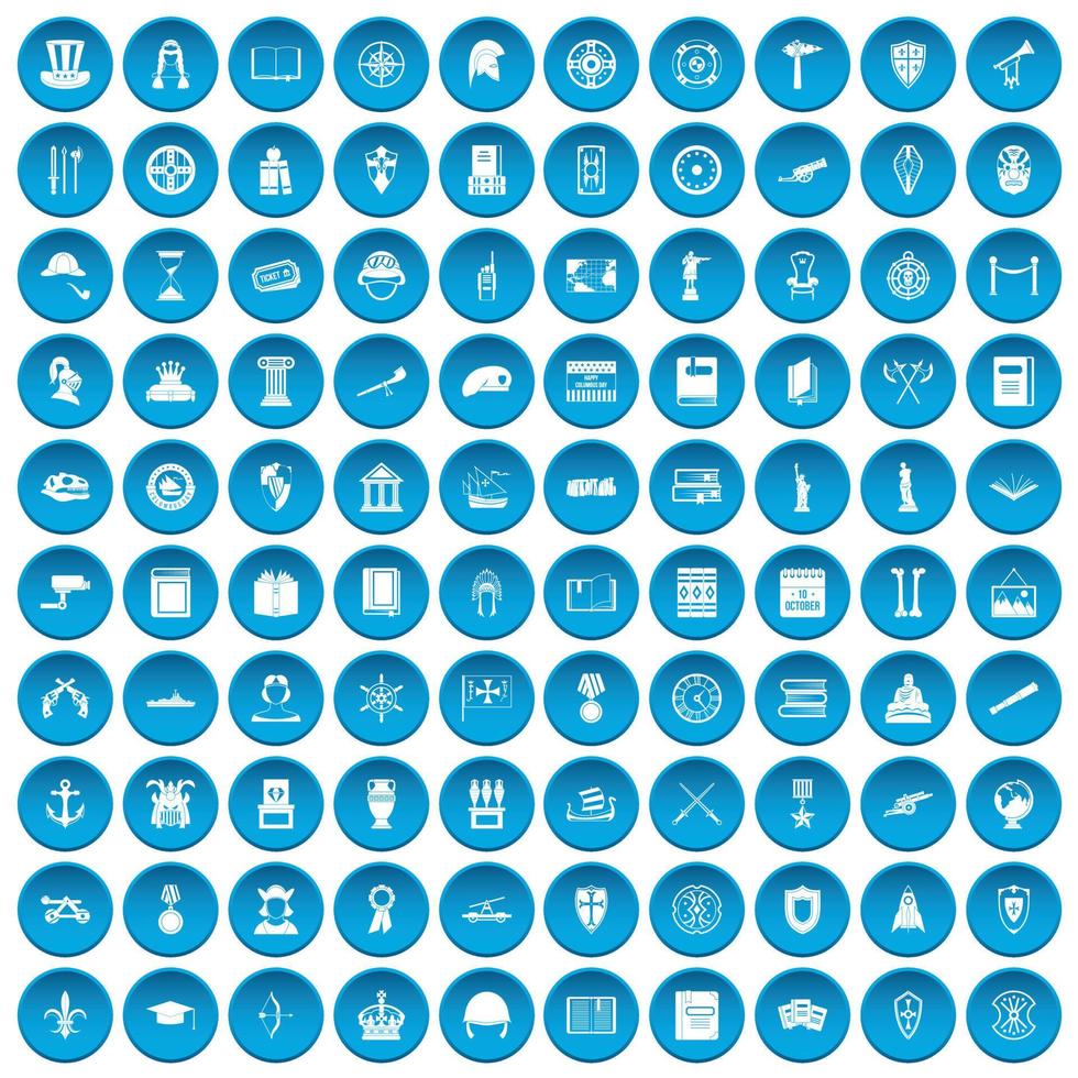 100 iconos de historia conjunto azul vector