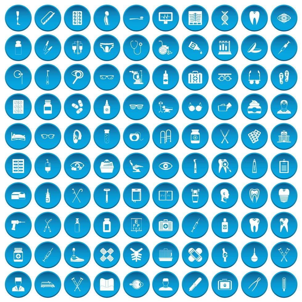 100 medical accessories icons set blue vector