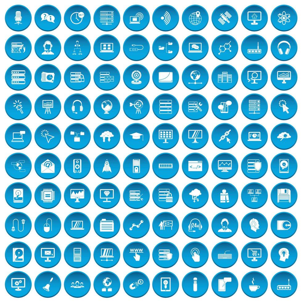 100 on-line seminar icons set blue vector