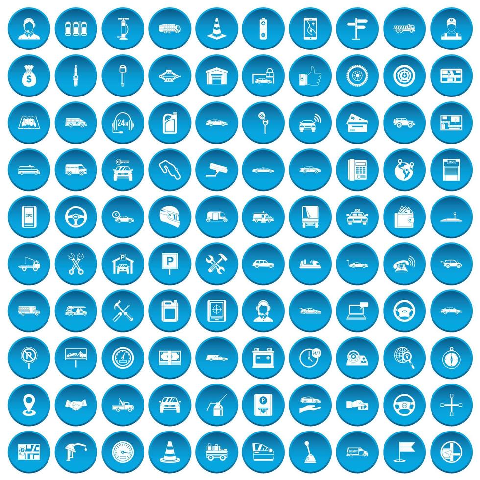 100 auto icons set blue vector