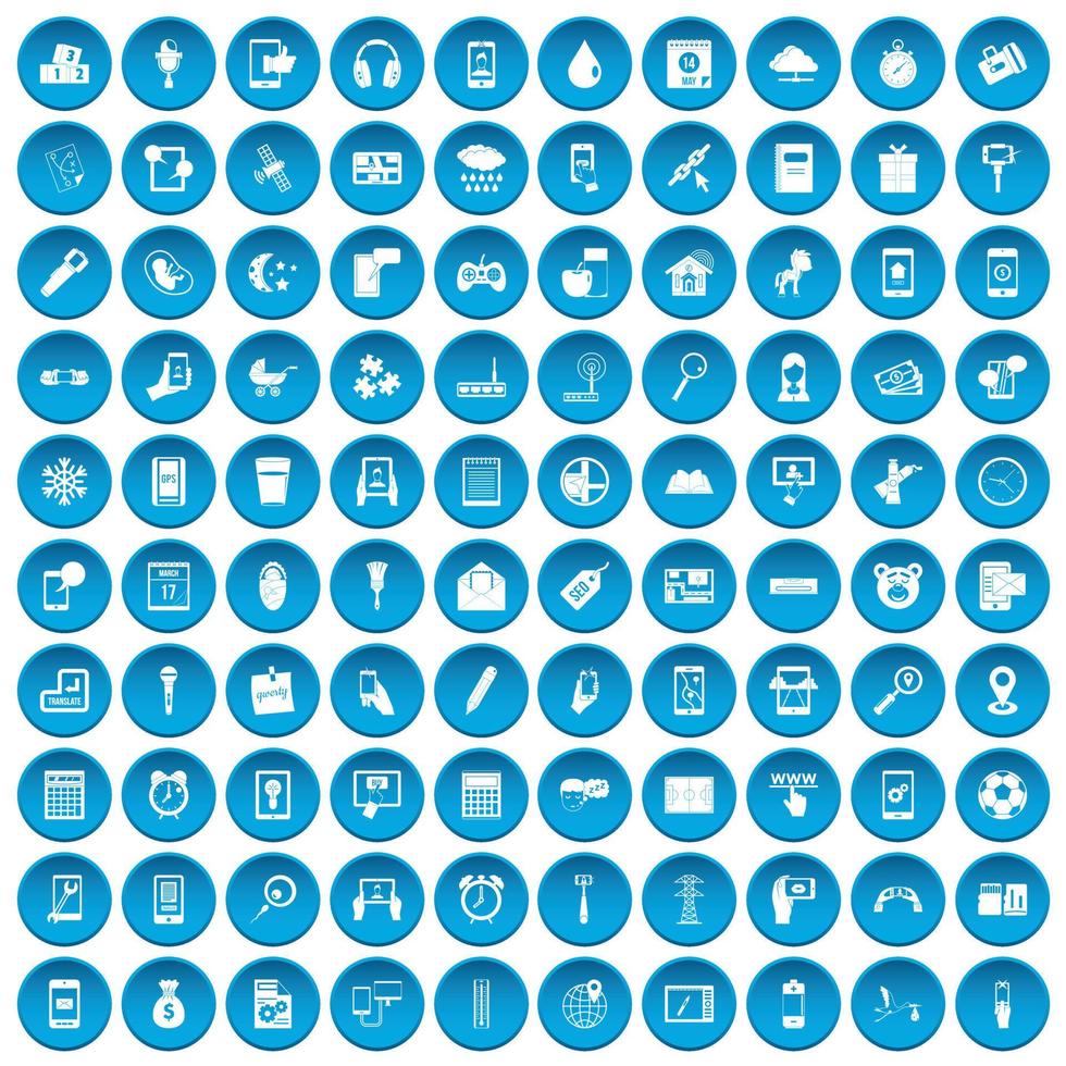 100 mobile app icons set blue vector