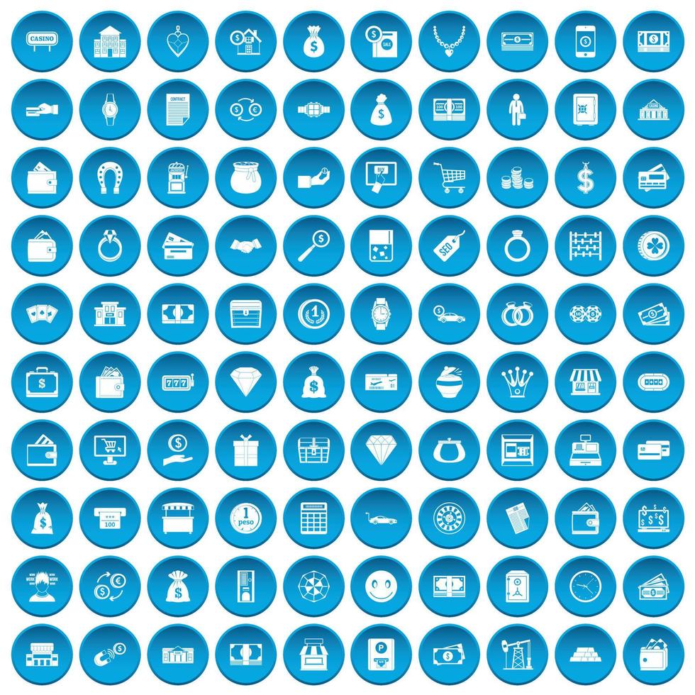 100 money icons set blue vector