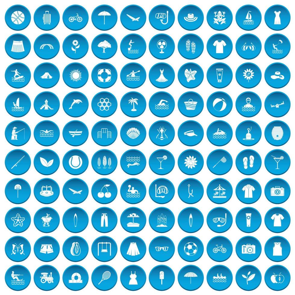 100 summer icons set blue vector