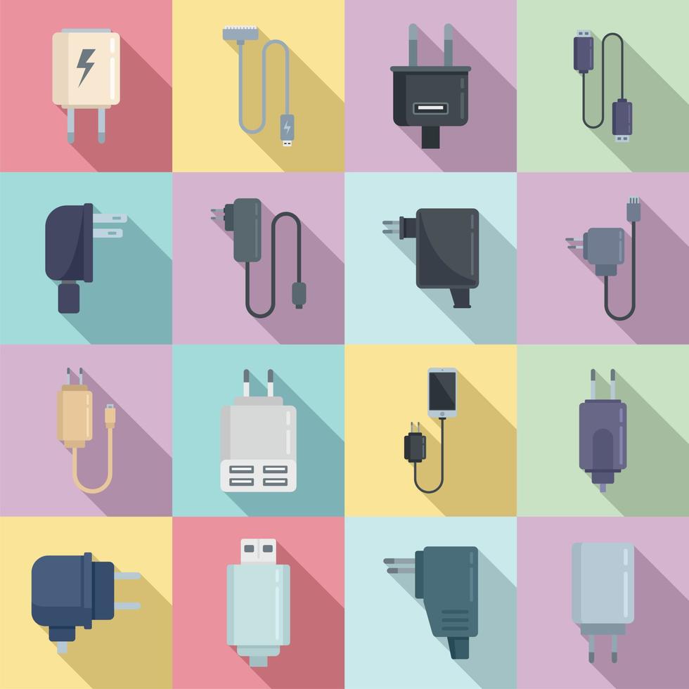 Charger icons set flat vector. Mobile charger vector