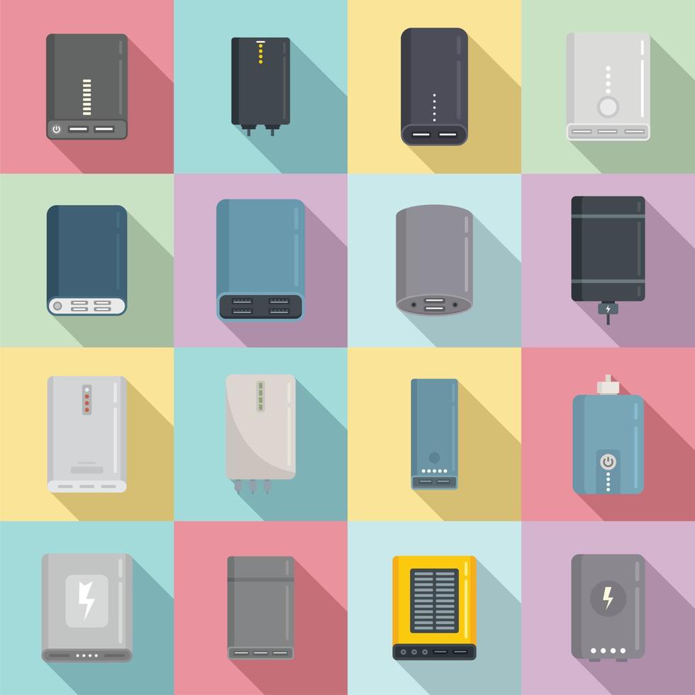 Power bank icons set flat vector. Alternative power vector