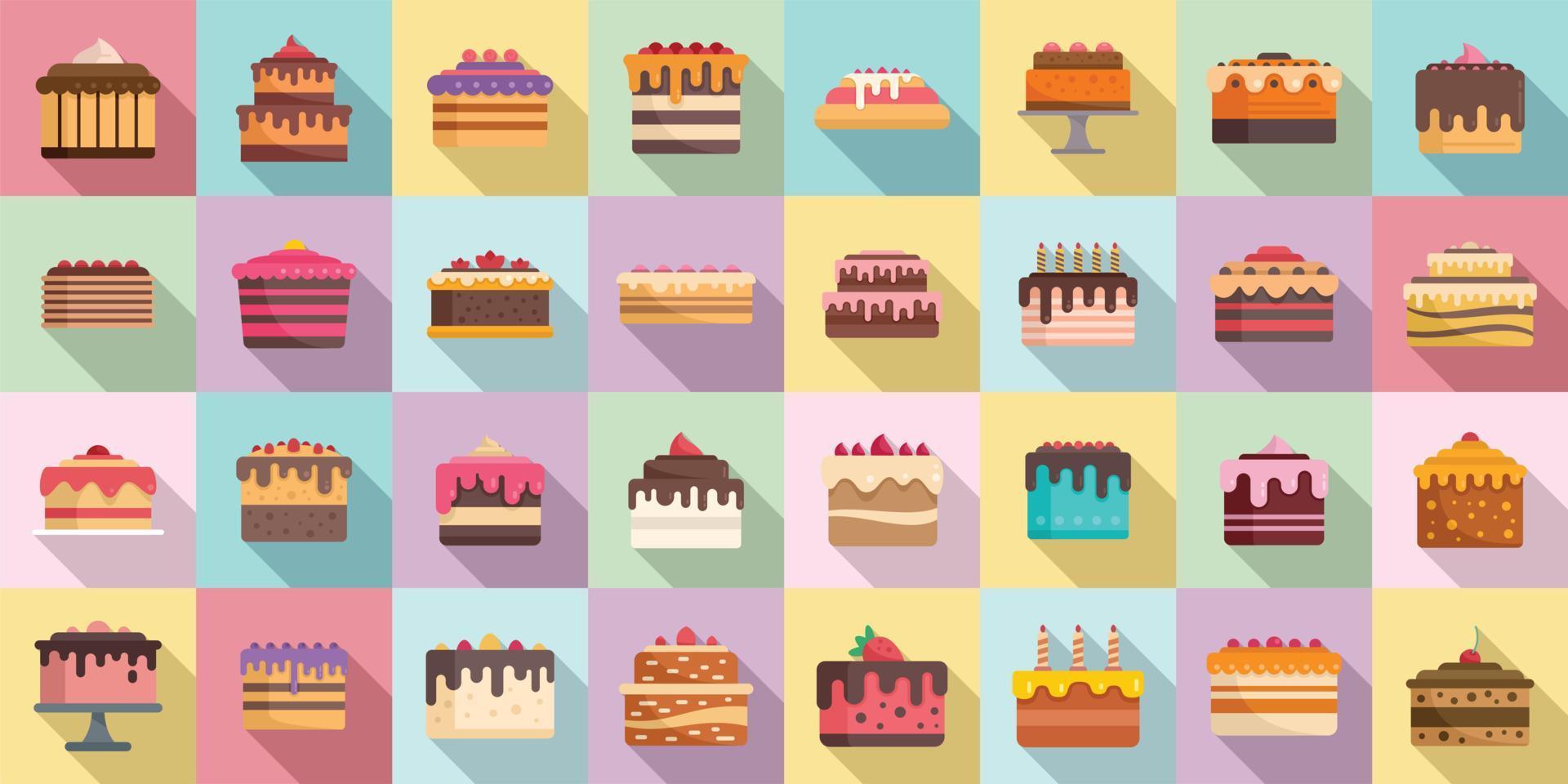 Cake icons set flat vector. Cream dessert vector