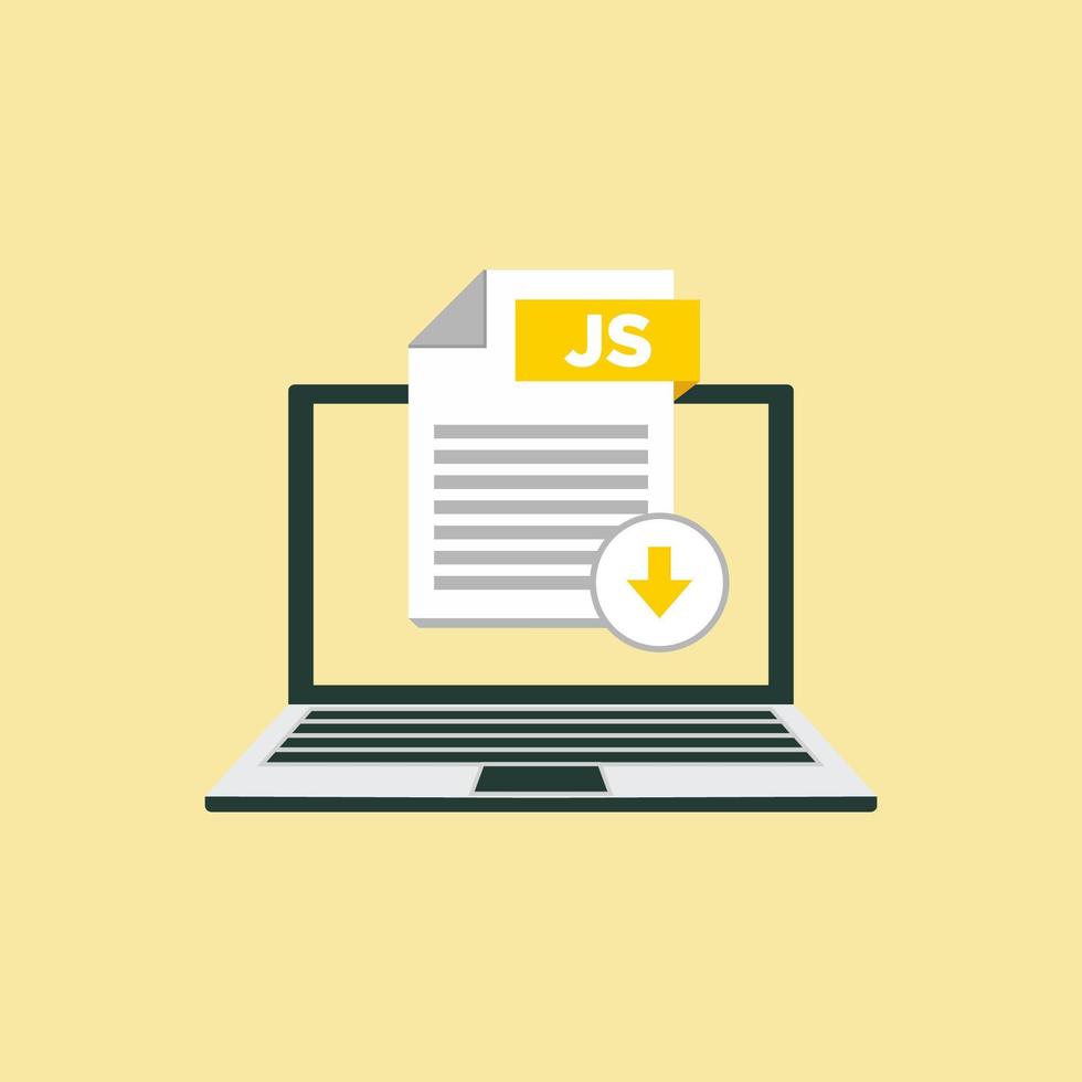 Download JS icon file with label on laptop screen. Downloading document concept vector