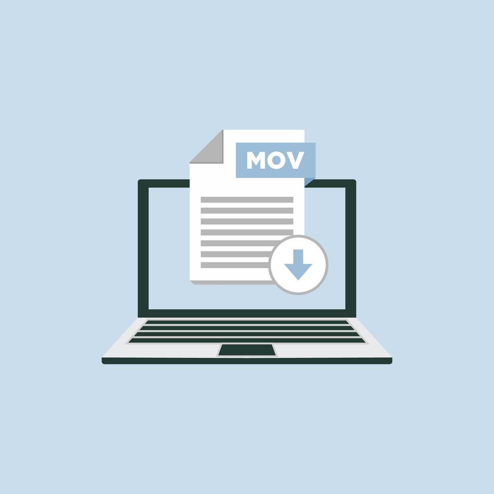 Download MOV icon file with label on laptop screen. Downloading document concept vector