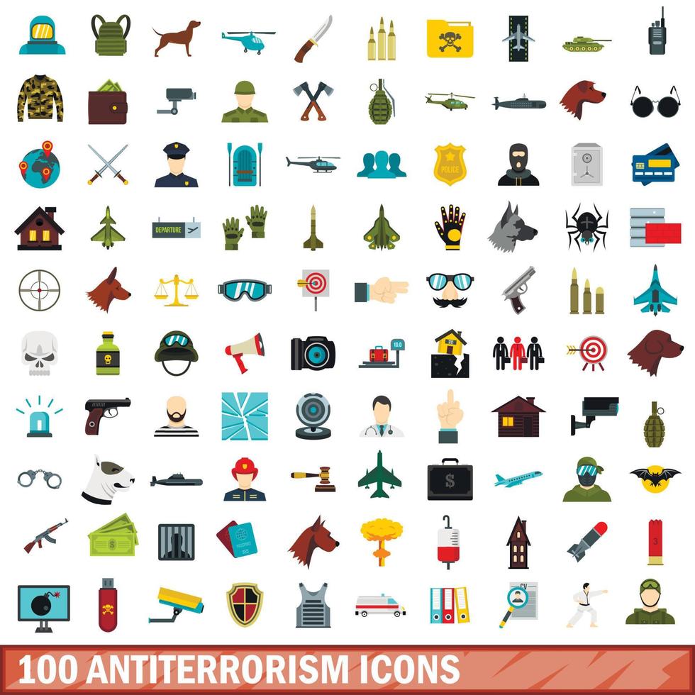 100 antiterrorism icons set, flat style vector