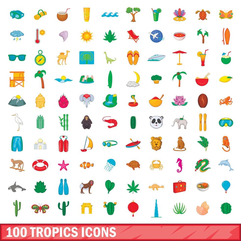 100 trópicos, conjunto de iconos de estilo de dibujos animados vector