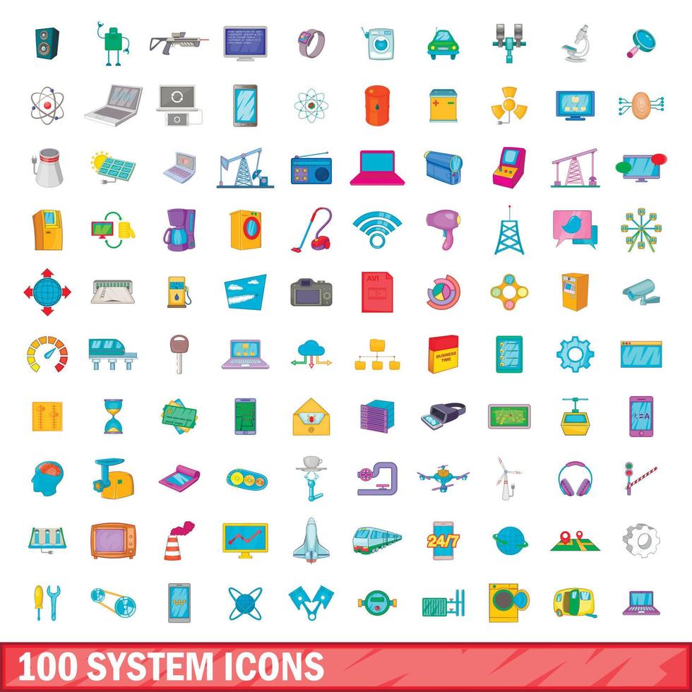 100 iconos de sistema, estilo de dibujos animados vector