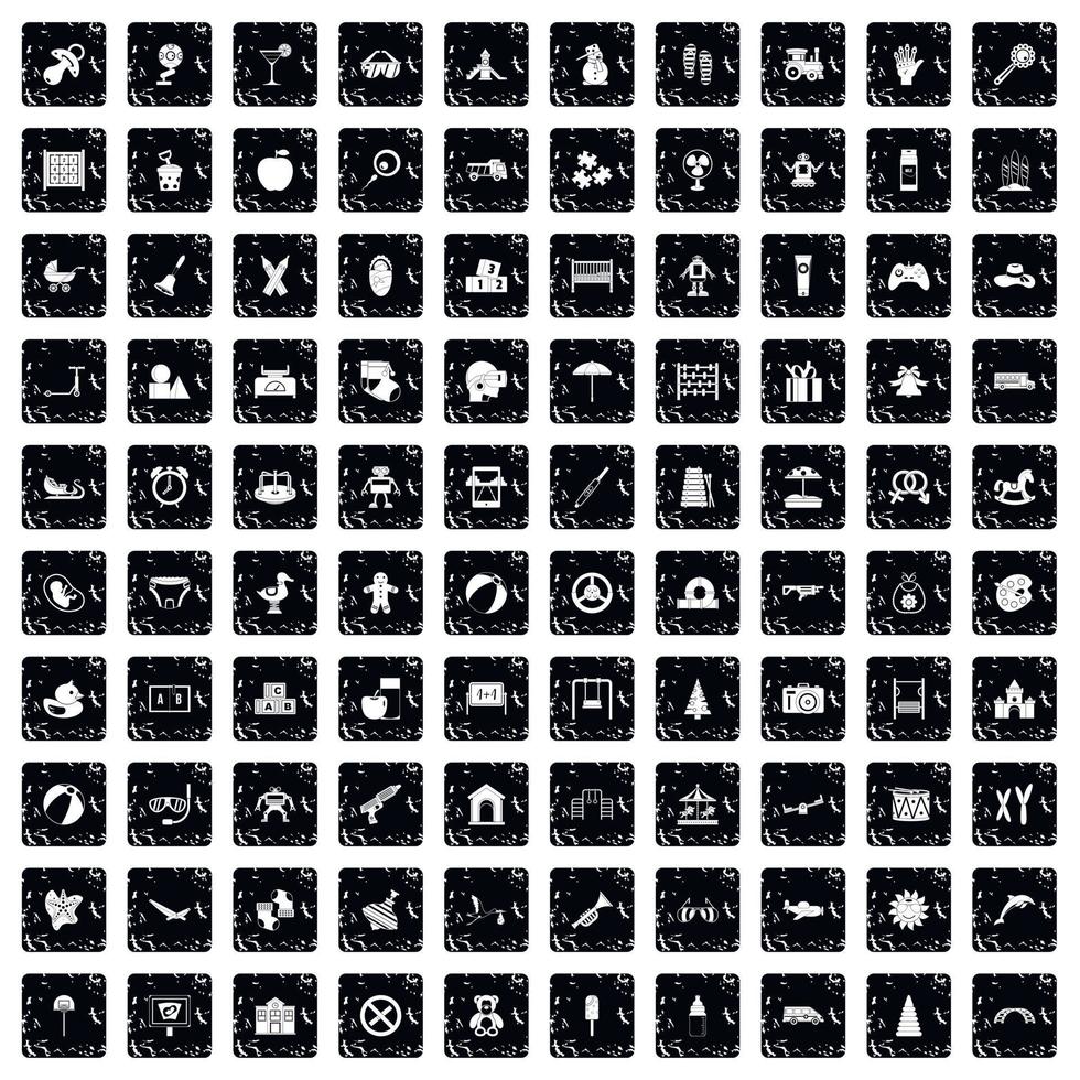 100 childhood icons set, grunge style vector