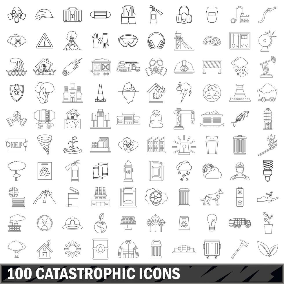 100 catastrophic icons set, outline style vector