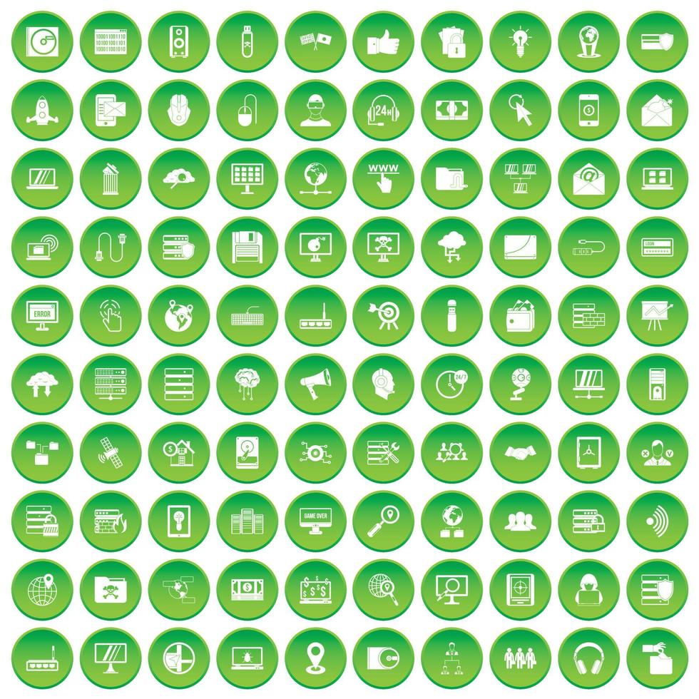 100 iconos de seguridad cibernética establecer círculo verde vector