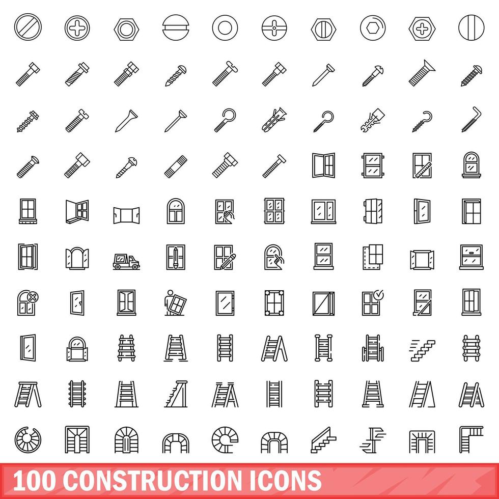 100 construction icons set, outline style vector