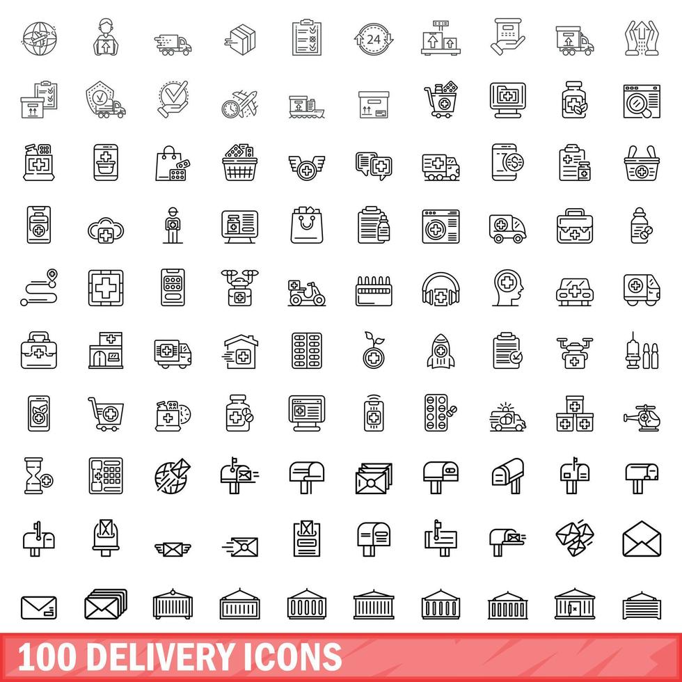 100 delivery icons set, outline style vector