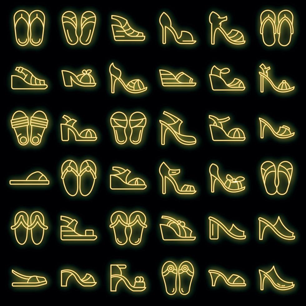 sandalias, iconos, conjunto, vector, neón vector