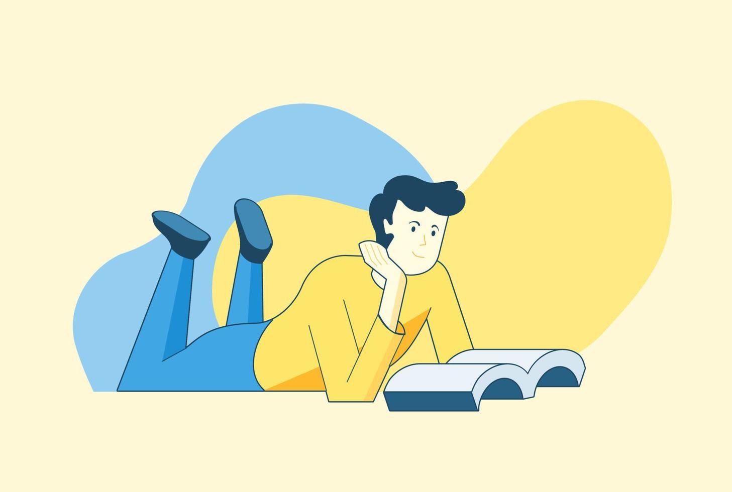 hombre leyendo un libro en posición de postura prona ilustración vectorial plana vector