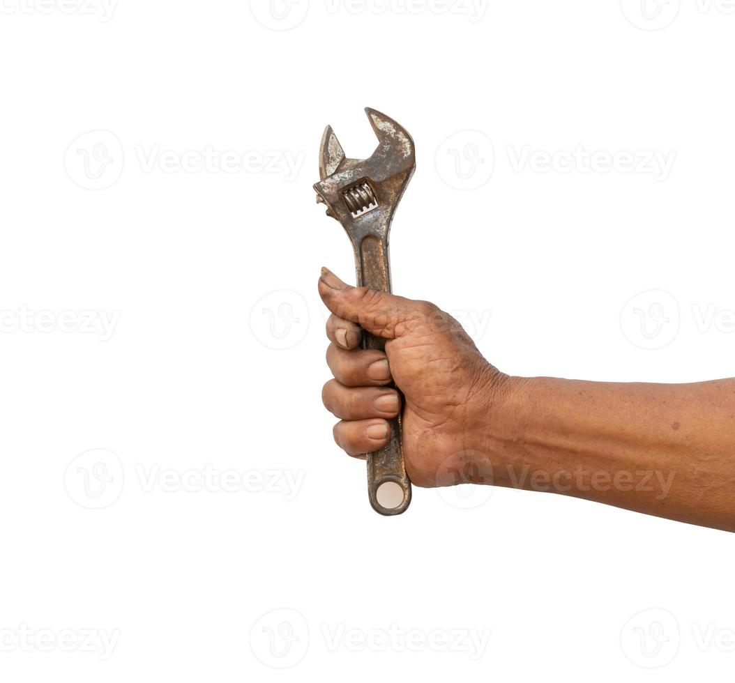 A man holding an old and rusty Adjustable Wrenches isolated photo