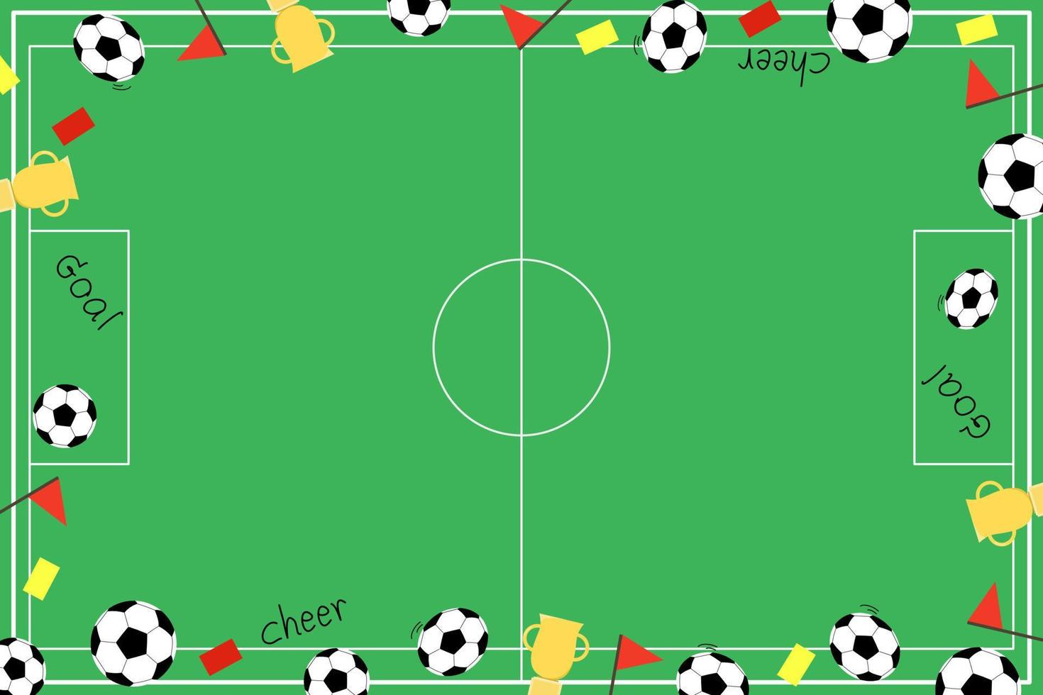 vector - vista superior del estadio de fútbol o fútbol. pelota, trofeo, tarjeta amarilla y roja, gol. deporte, concepto de recreación.