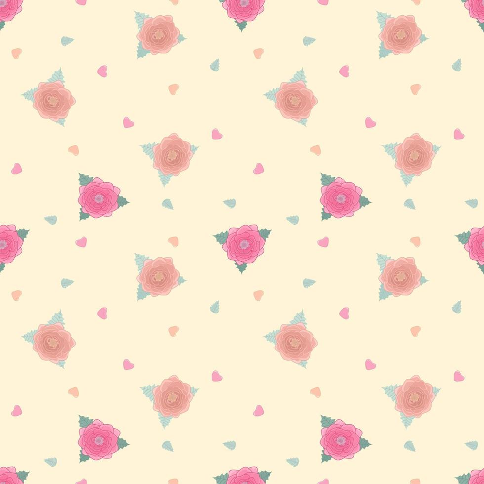 vector - patrón abstracto sin costuras de rosa rosa, hojas verdes y corazones mínimos sobre fondo amarillo claro. se puede utilizar para impresión, papel, almohada, tela, envoltura.
