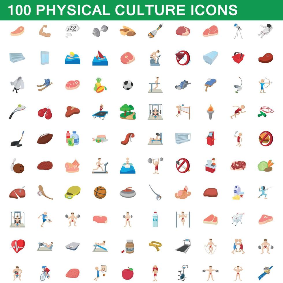 100 iconos de cultura física, estilo de dibujos animados vector