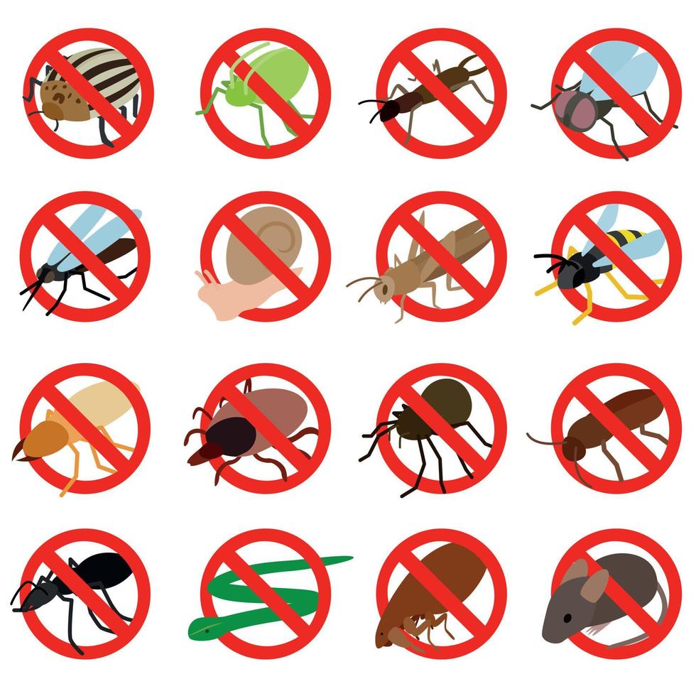 ningún conjunto de iconos de signos de insectos, estilo 3d isométrico vector
