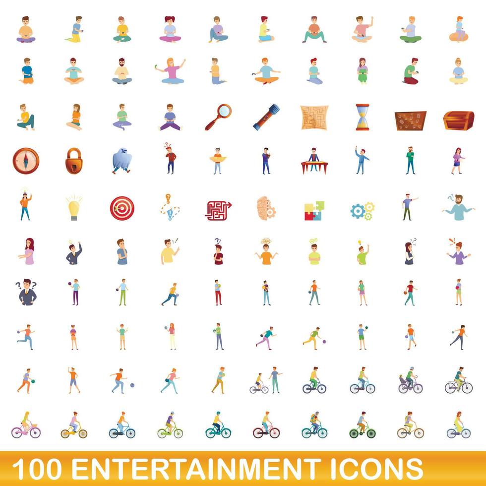 100 entertainment icons set, cartoon style vector