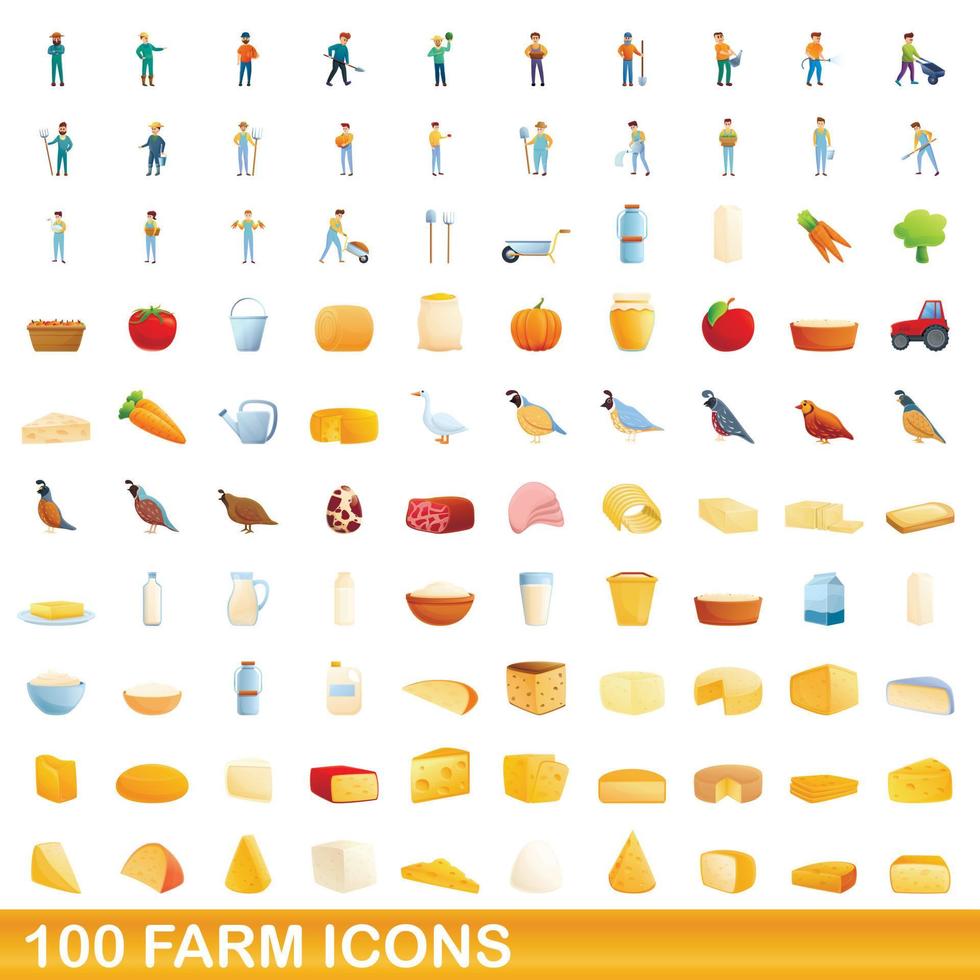 100 farm icons set, cartoon style vector