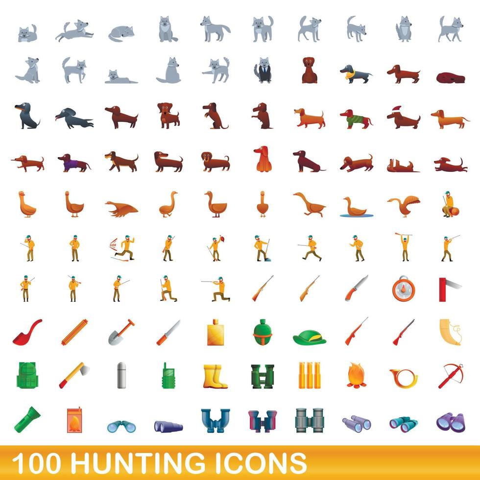 100 iconos de caza, estilo de dibujos animados vector
