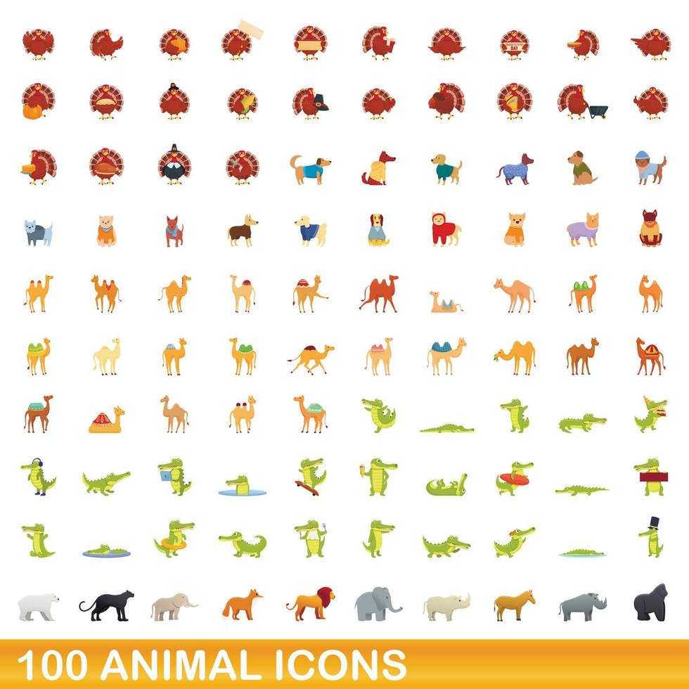 100 animales, conjunto de iconos de estilo de dibujos animados vector