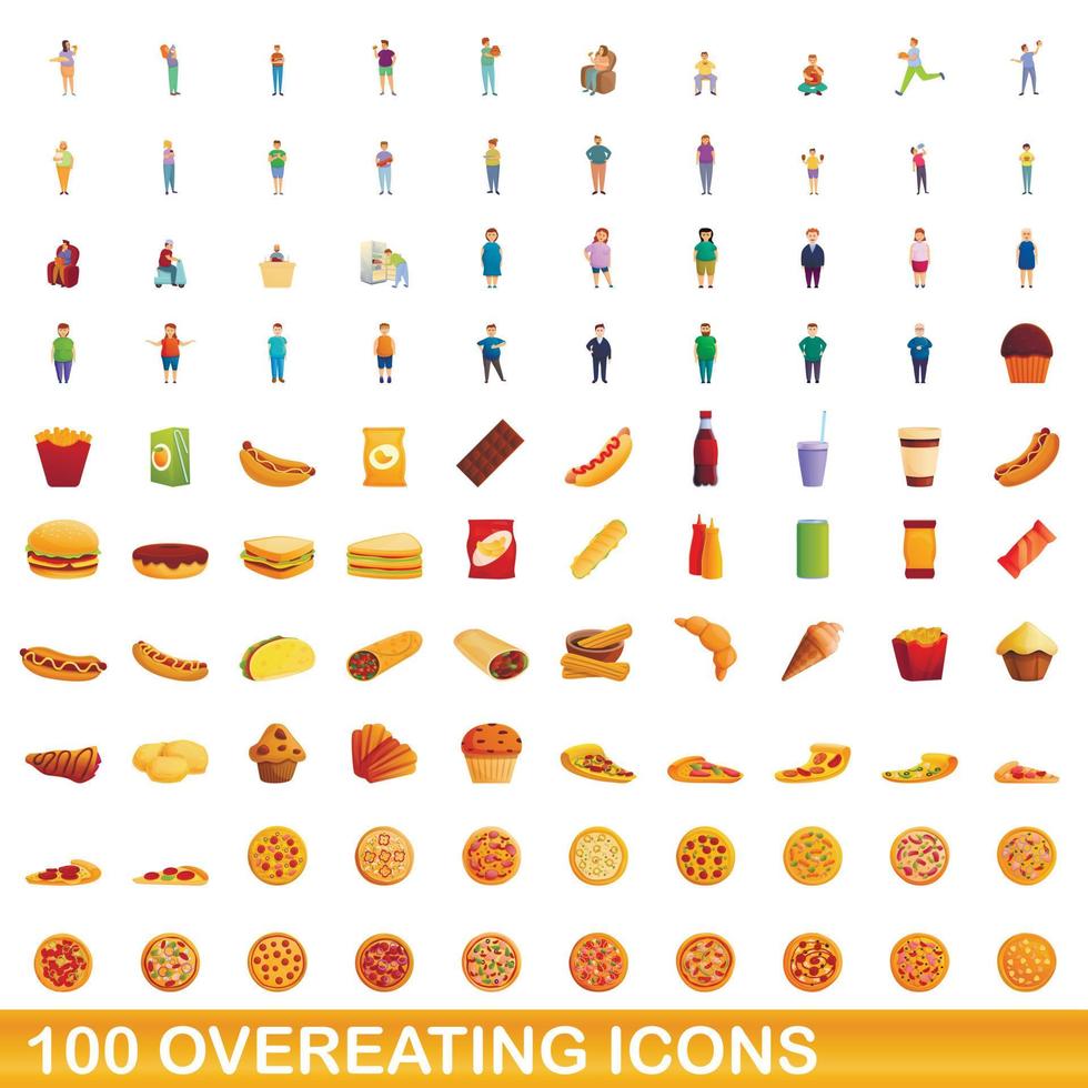 100 overeating icons set, cartoon style vector