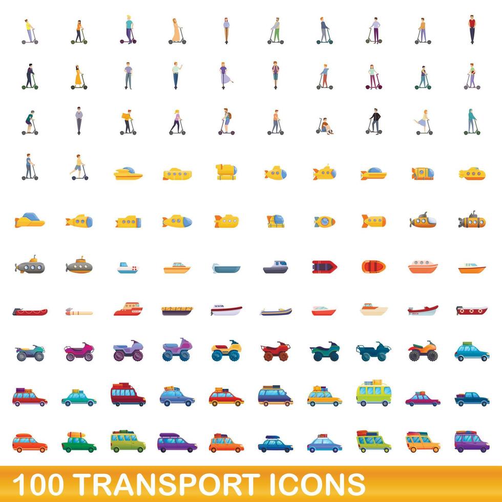 100 iconos de transporte, estilo de dibujos animados vector