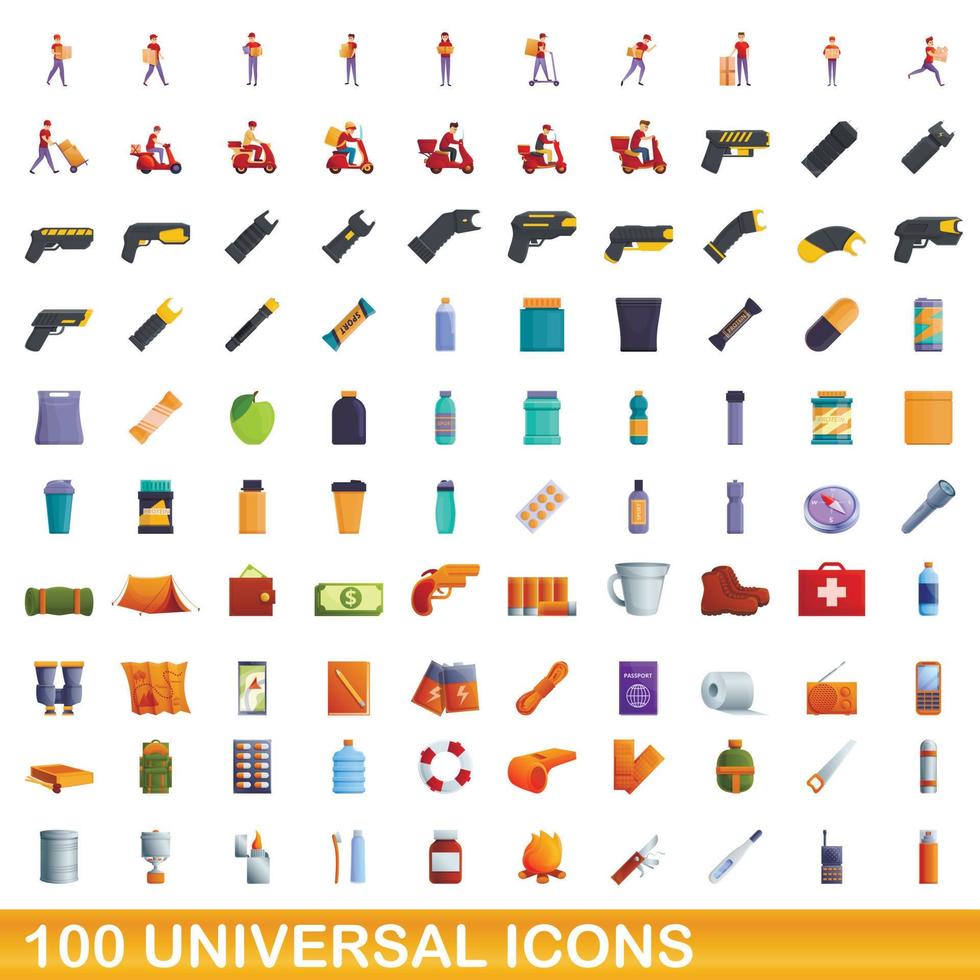 100 universal icons set, cartoon style vector