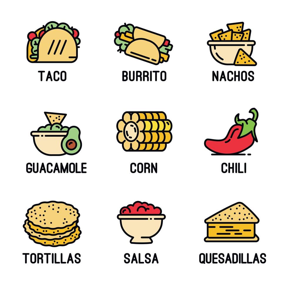 Mexican food icons set, outline style vector