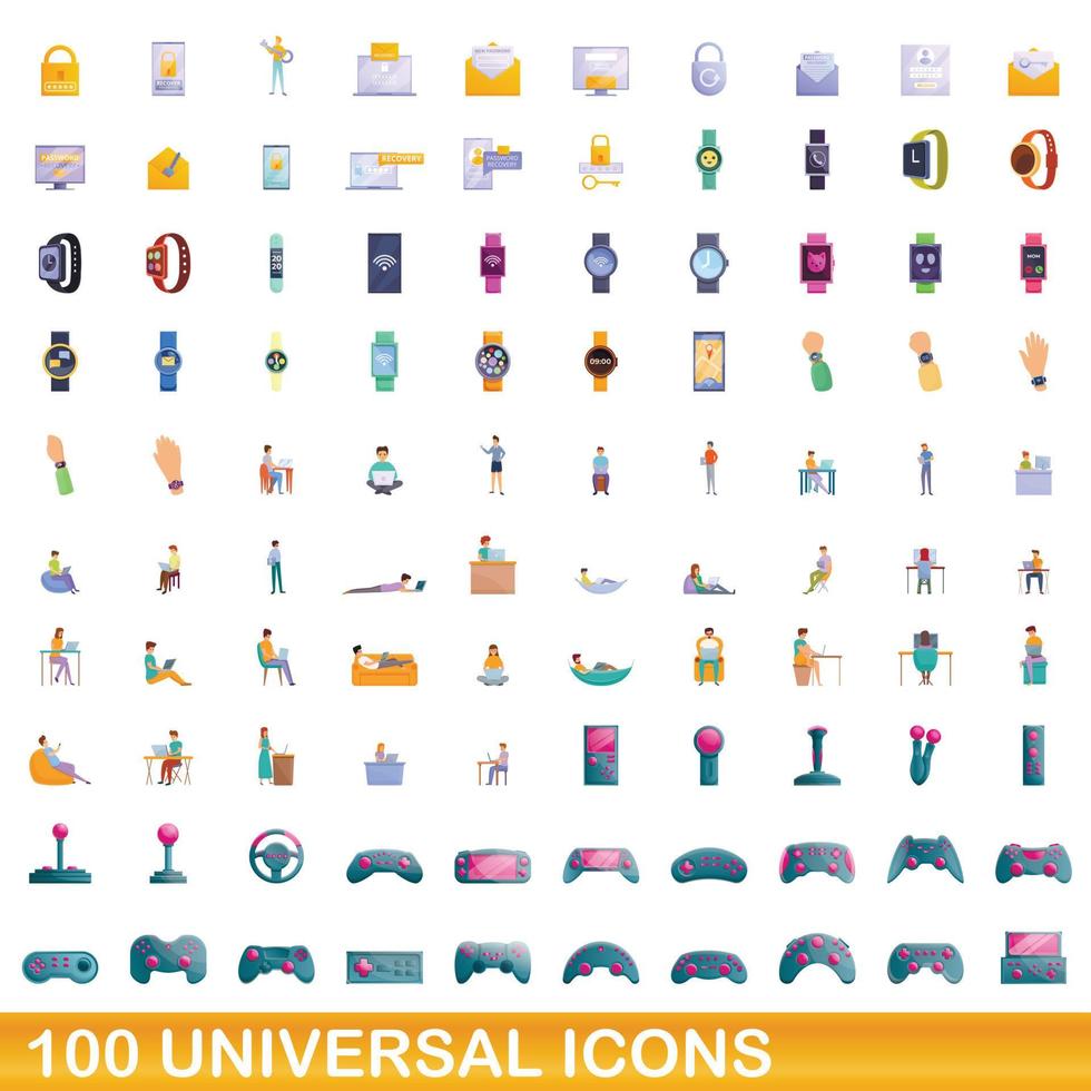 100 universal icons set, cartoon style vector