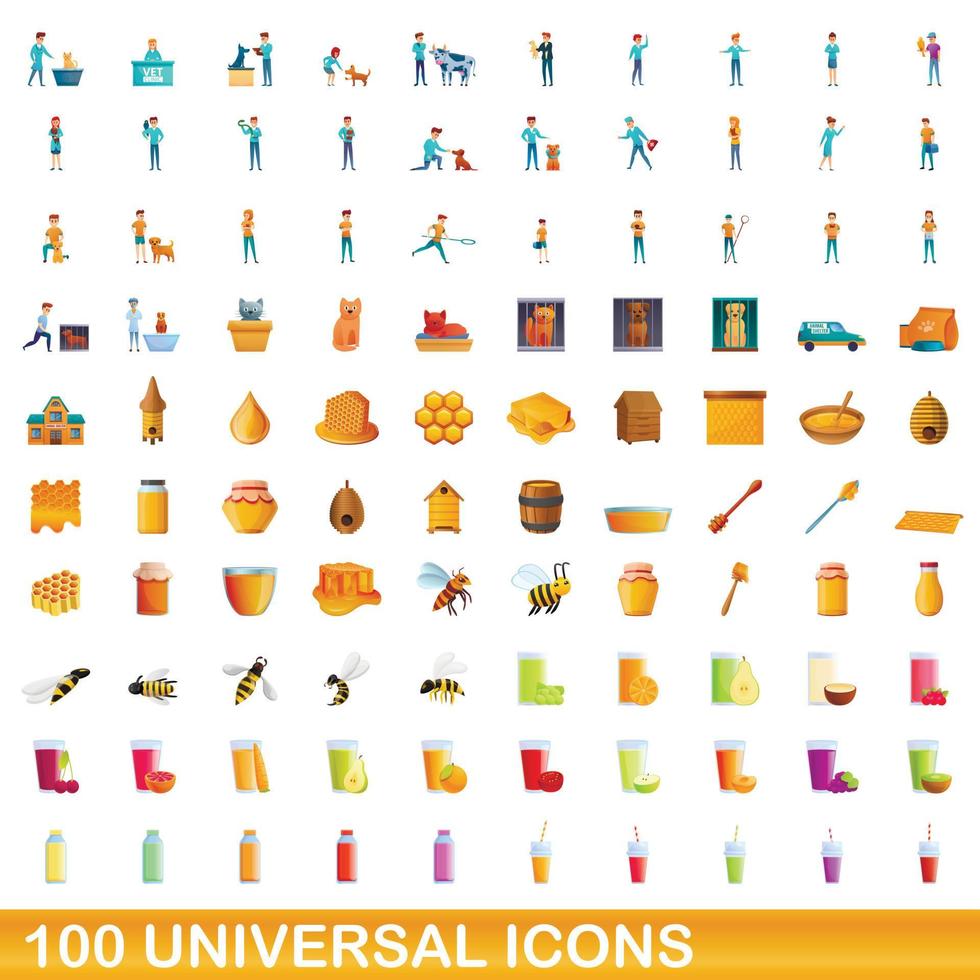 100 universal icons set, cartoon style vector