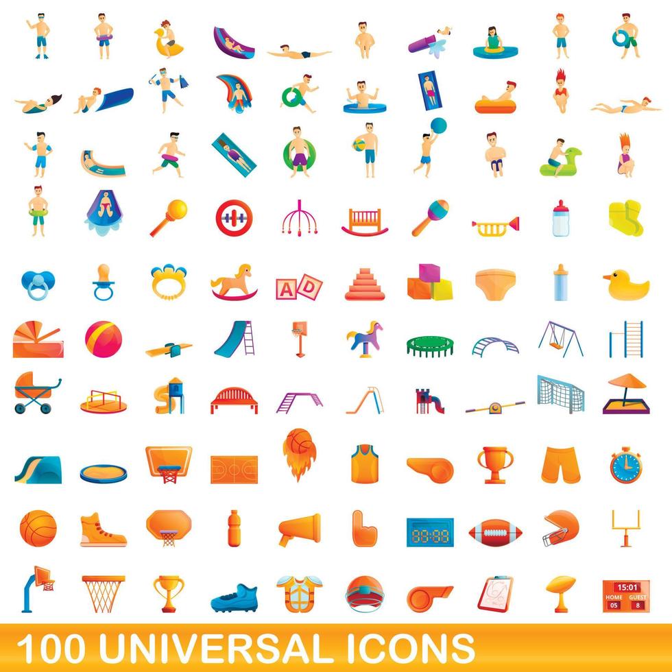 100 iconos universales, estilo de dibujos animados vector