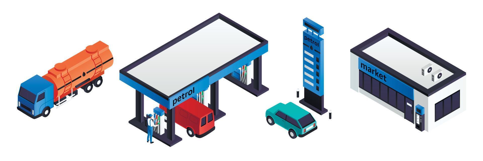 Petrol station icons set, isometric style vector
