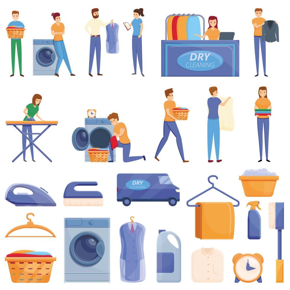 Dry cleaning icons set, cartoon style vector