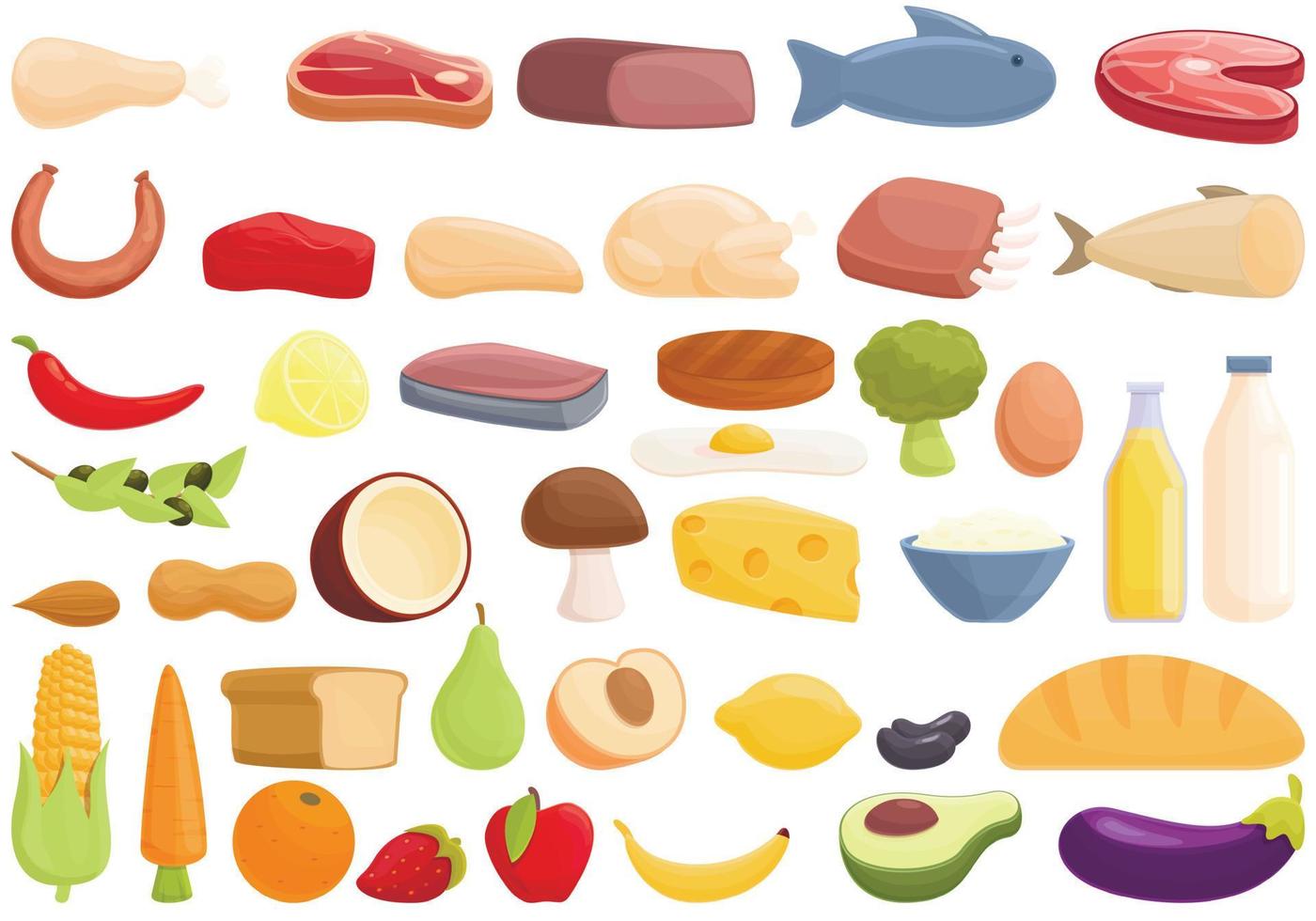 Protein nutrient icons set, cartoon style vector