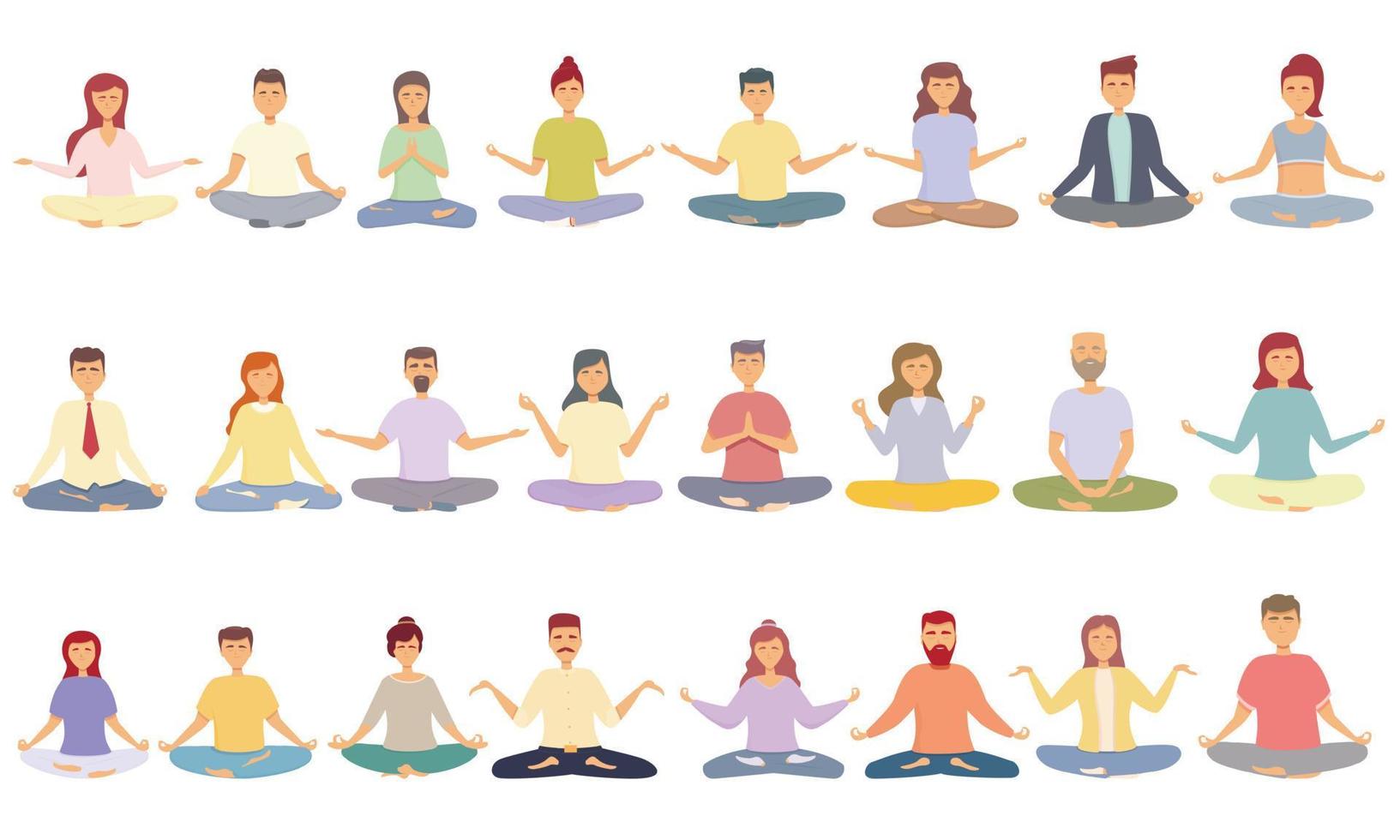 iconos de meditación establecen vector de dibujos animados. yoga feliz